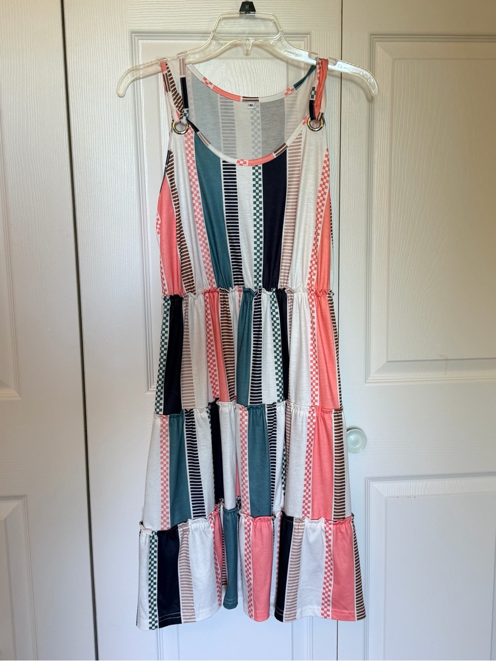 Sleeveless Tiered Striped Coral, Teal & White Summer Dress